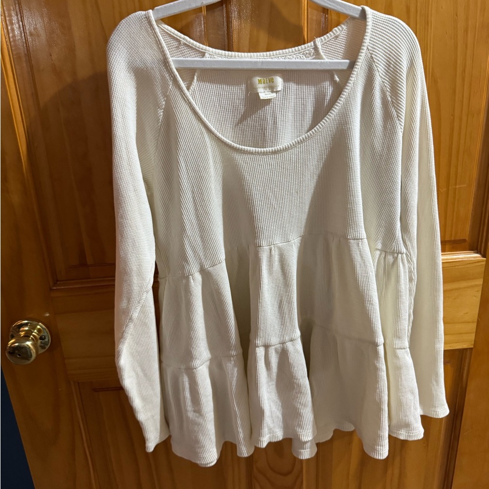 Anthropologie White Ribbed Peplum Long Sleeve Blouse